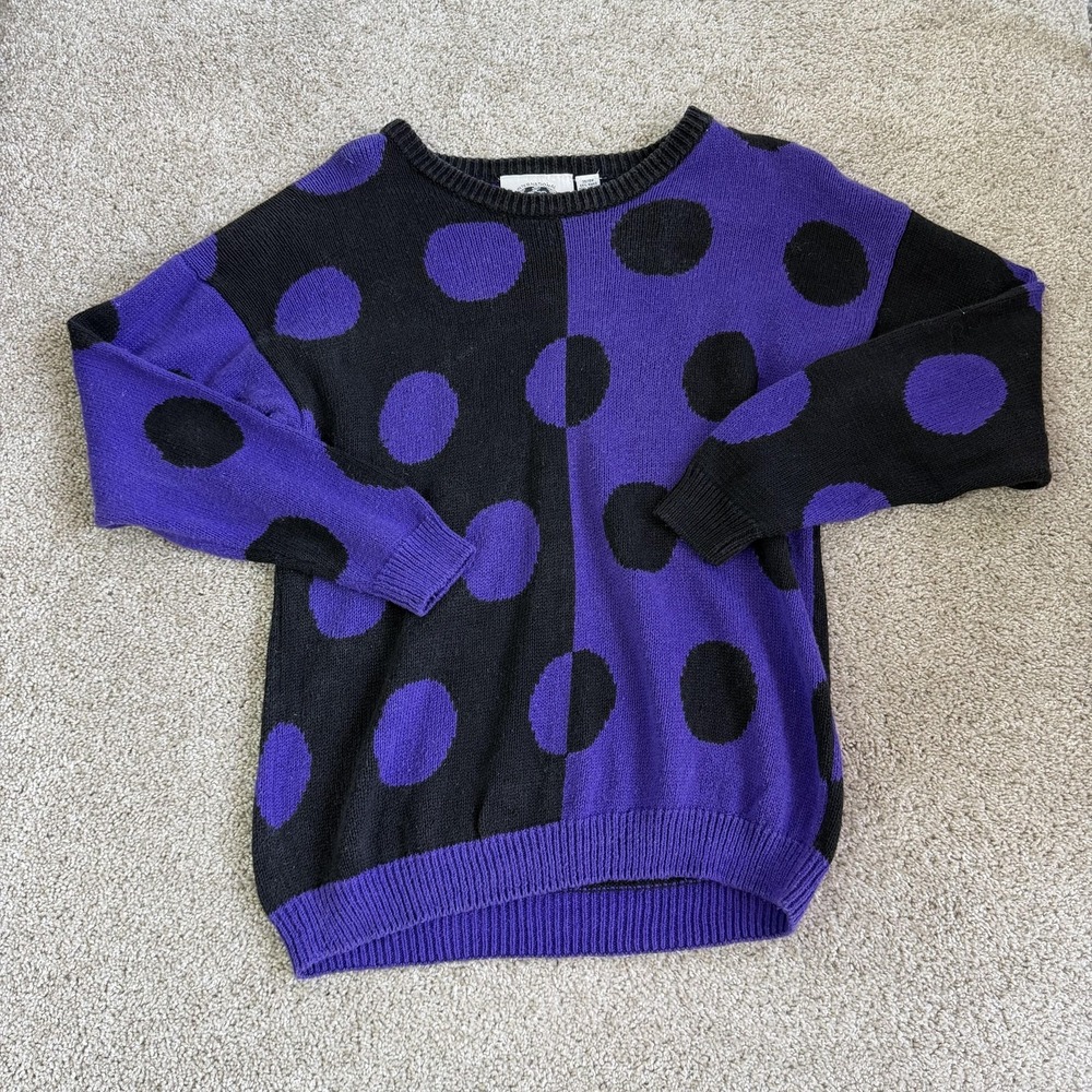 Vintage Extra Touch Sweater Womens 18W Purple Black Polka Dot Knit Pullover